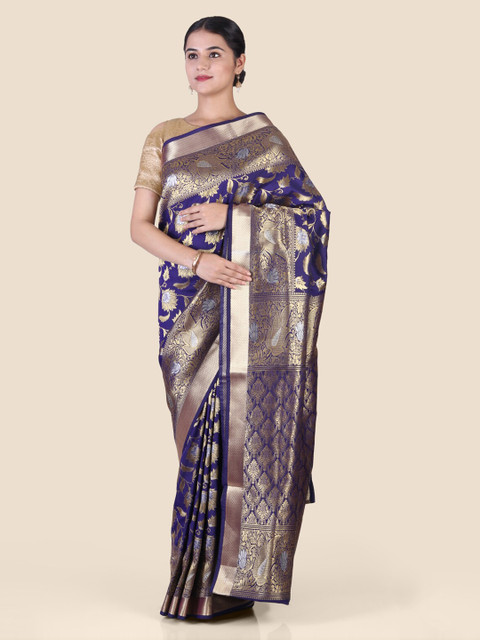 

Hastakala Navy Blue & Gold-Toned Silk Blend Printed Banarasi Saree