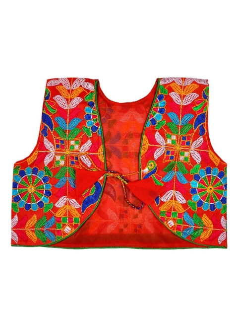 

BANJARA INDIA Girls Red Embroidered Tailored Ethnic Jacket