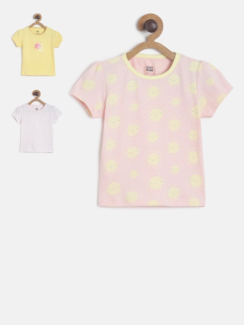 

MINI KLUB Girls Pack Of 3 Printed Pure Cotton Tops, Pink