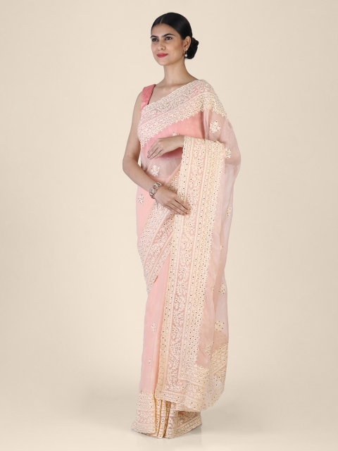

Hastakala Pink & White Tissue Embroidered Saree