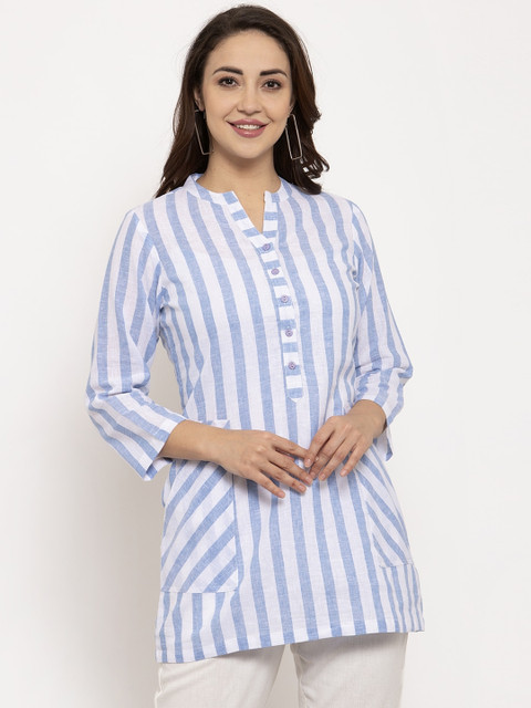 

Ayaany Women Blue & White Striped Shirt Style Top
