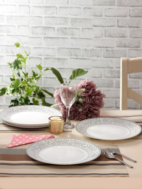 

Laopala White & Silver-Toned 6 Pieces Printed Opalware Full Plate