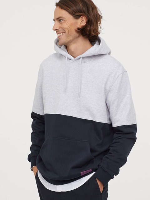 

H&M Men Blue & Grey Block-Coloured Hoodie