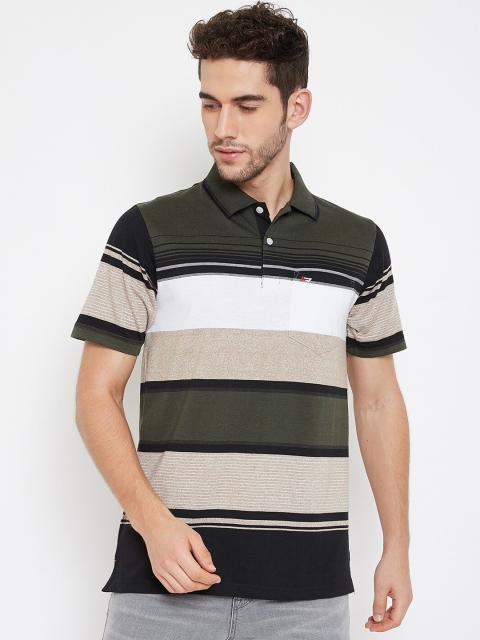 

NEVA Men Olive Green & White Striped Polo Collar T-shirt