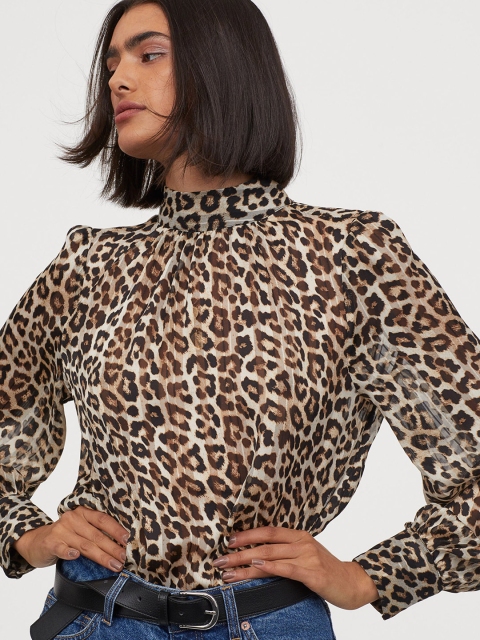 

H&M Women Beige & Black Animal Printed Wide Blouse