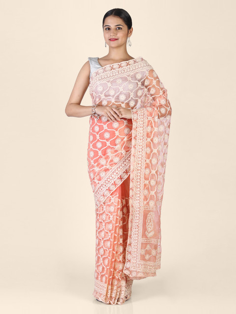 

Hastakala Peach-Coloured & Off-White Net Embellished Saree