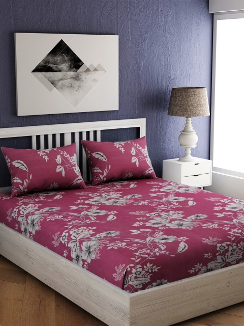 

EverHOME Pink & Grey Floral 144 TC Cotton 1 Queen Bedsheet with 2 Pillow Covers