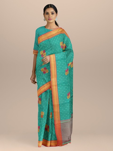 

BharatSthali Blue Silk Cotton Woven Design Kanjeevaram Saree
