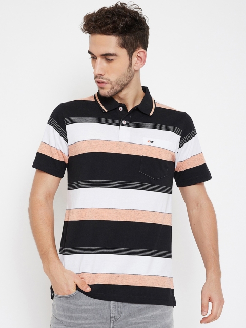 

NEVA Men Black & White Striped Polo Collar T-shirt