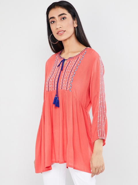 

max Women Orange & Blue Embroidered Tunic