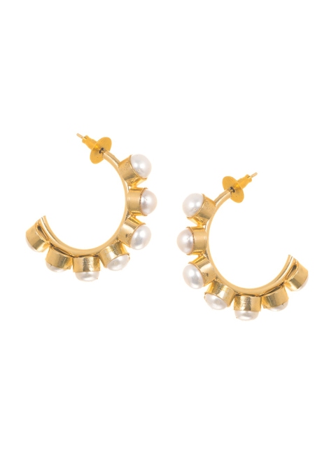 

INDYA White & Gold-Plated Pearl Embellished Circular Half Hoop Earrings