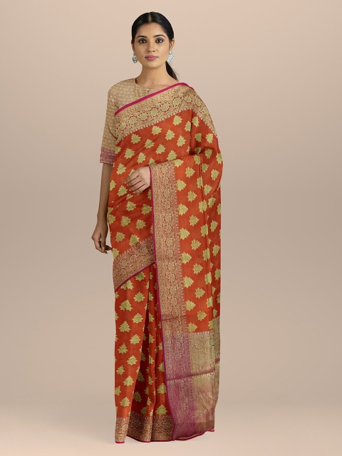 

BharatSthali Green & Orange Silk Cotton Woven Design Banarasi Saree
