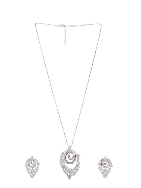 

shaze Silver-Toned & White CZ-Studded Rhodium-Plated Floral Drop Jewellery Set