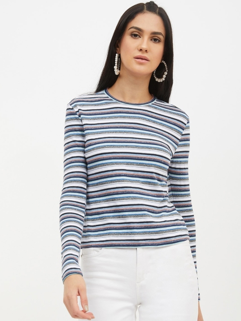 

Harpa Women White & Blue Striped Round Neck T-shirt