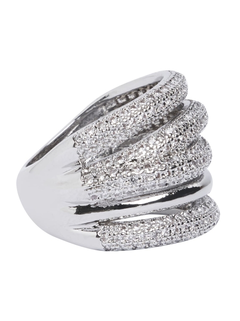 

shaze Silver-Toned & White CZ-Studded Rhodium-Plated Incut Finger Ring