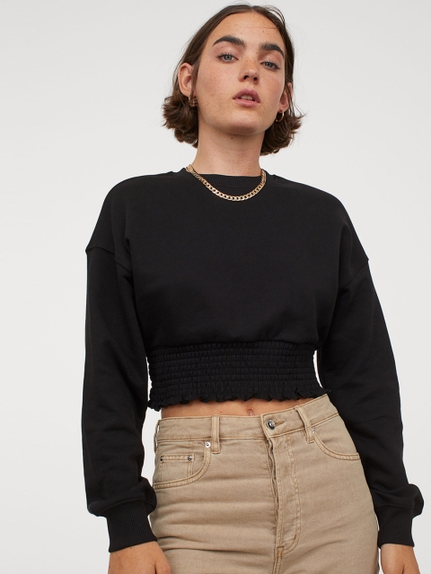 

H&M Women Black Smocked-Hem Sweatshirt