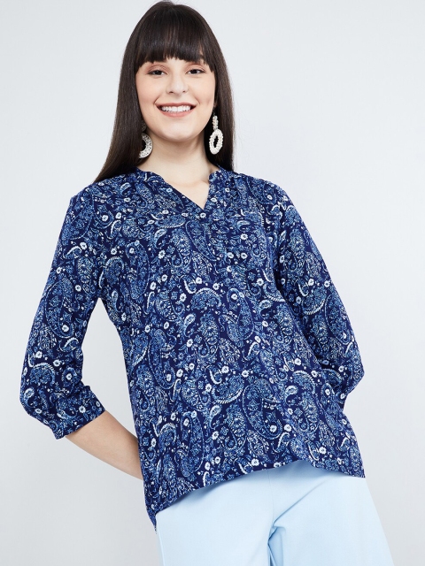 

max Women Blue & White Printed High-Low Top