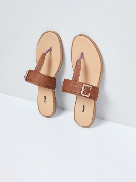 

max Women Tan Brown Solid PU T-Strap Flats