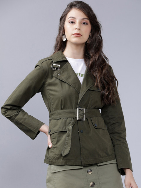 

Tokyo Talkies Women Olive Green Solid Tailored Jacket