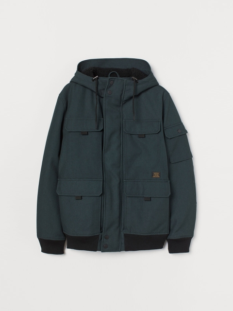 

H&M Men Bottle Green Solid Padded Hooded Jacket