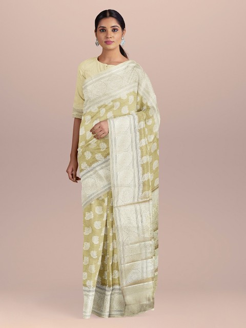 

BharatSthali Green & Off-White Silk Cotton Woven Design Banarasi Tissue Sustainable Saree