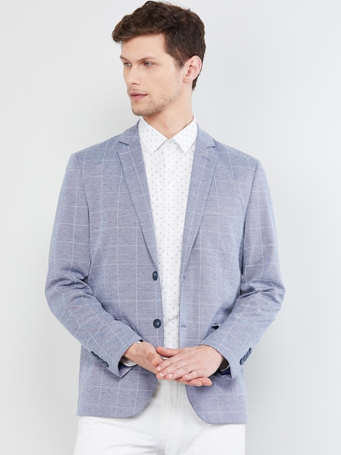 

max Men Blue & White Checked Regular Fit Single-Breasted Blazer