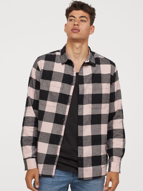 

H&M Men Black & Pink Checked Cotton Flannel Shirt