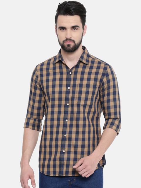 

IMYOUNG Men Beige & Navy Blue Slim Fit Checked Casual Shirt