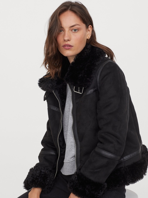 

H&M Men Black Solid Faux Shearling-Lined Jacket
