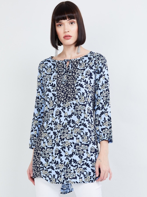 max Women's Blue & White Floral Printed Tunic