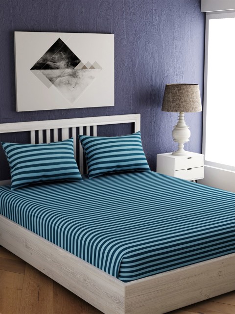 

EverHOME Blue Striped 144 TC Cotton 1 Queen Bedsheet with 2 Pillow Covers