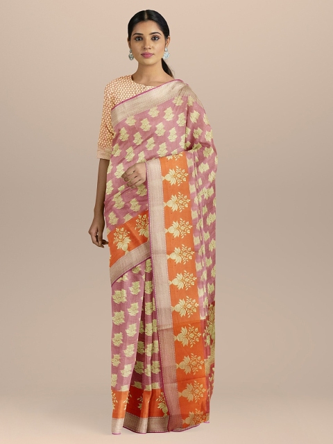 

BharatSthali Pink & Gold-Toned Silk Cotton Woven Design Patola Saree