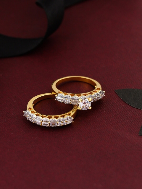 

Tistabene Set of 2 Gold-Plated & White AD-Studded Solitaire Finger Rings