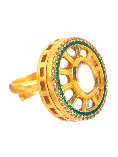 

INDYA Gold-Plated Green & White Kundan-Studded Circular Finger Ring