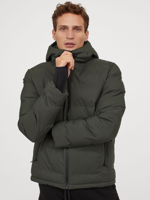

H&M Men Olive Green Solid Padded Hooded Jacket