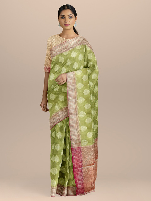 

BharatSthali Green & Pink Silk Cotton Woven Design Banarasi Sustainable Saree