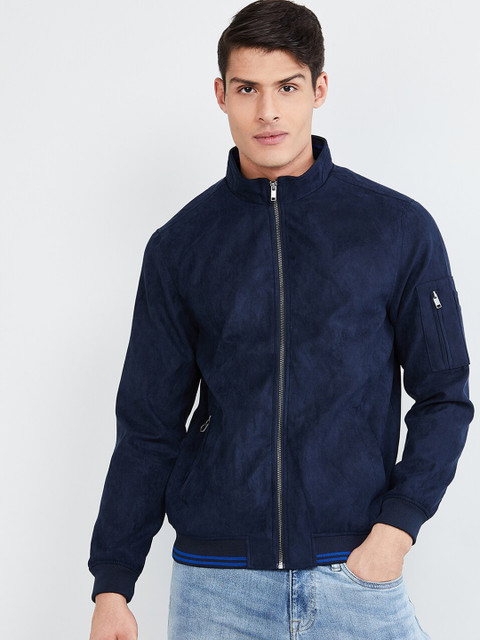 

max Men Navy Blue Solid Bomber Jacket