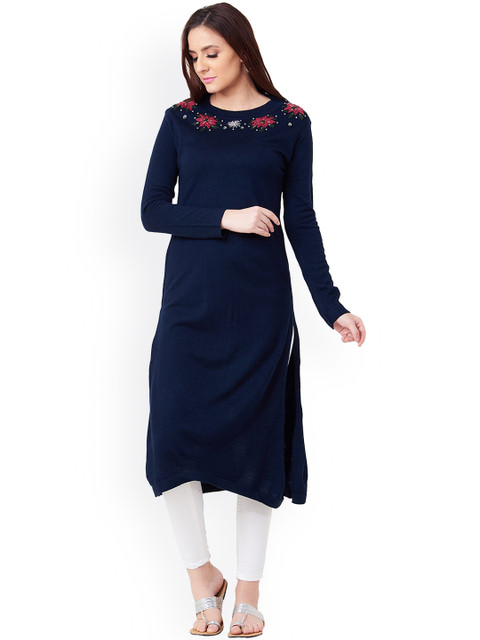 

IMARA Women Navy Blue Solid Straight Kurta