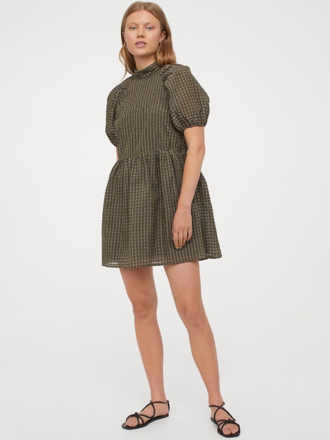 

H&M Women Brown Checked Jacquard-Weave Dress