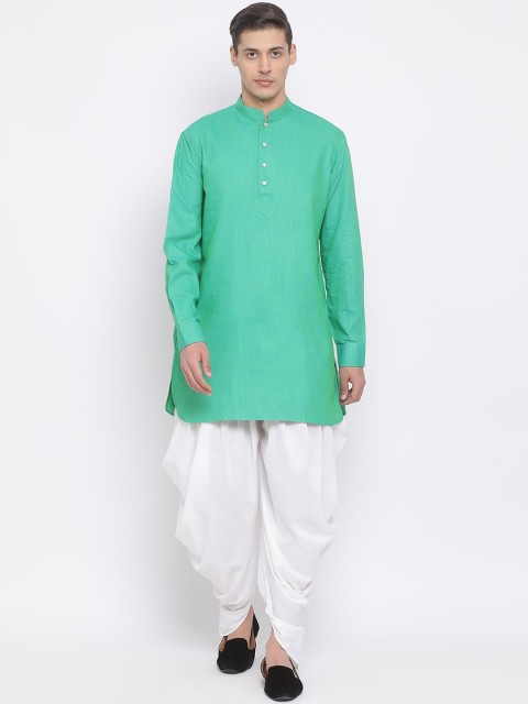 

VASTRAMAY Men Green & White Solid Kurta with Dhoti Pants