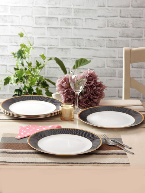 

Laopala Set Of 6 White & Navy Blue Printed Opalware Full Plates