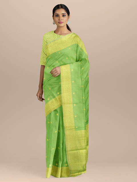 

BharatSthali Green & Gold-Toned Silk Cotton Woven Design Banarasi Saree