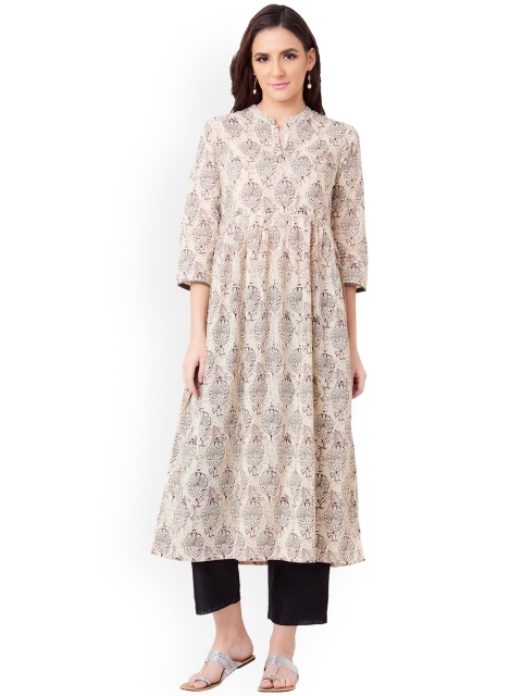 

IMARA Women Beige & Purple Printed Anarkali Kurta
