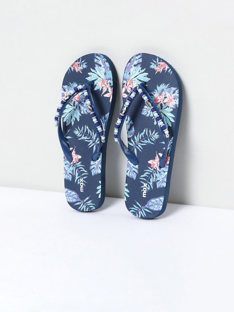

max Women Navy Blue Embellished Thong Flip-Flops