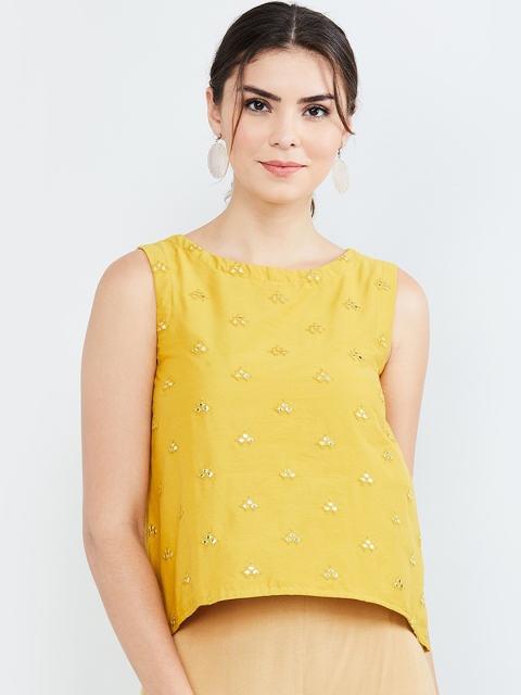 

max Women Mustard Yellow Embroidered Top
