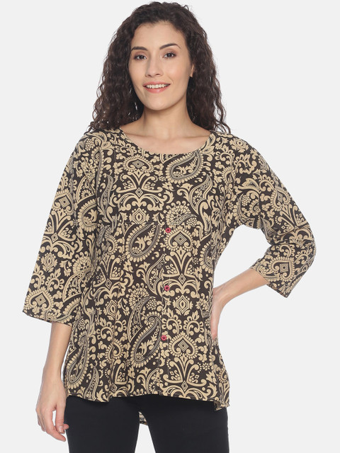 

Resha Women Black & Beige Printed Pure Cotton Top