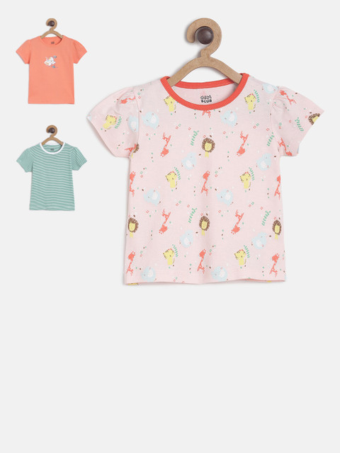 

MINI KLUB Girls Pack of 3 Printed Pure Cotton Tops, Pink