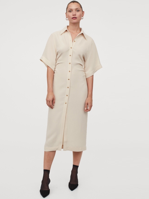 

H&M Women Beige Solid Calf-Length Dress