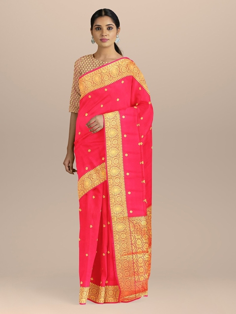 

BharatSthali Pink & Gold-Coloured Silk Cotton Woven Design Banarasi Saree