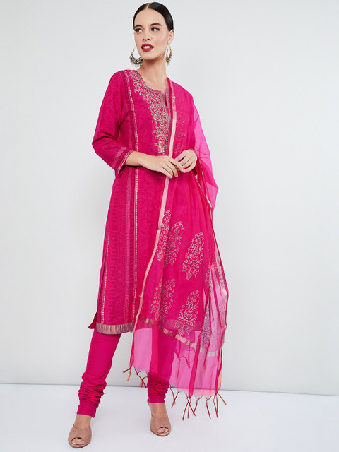 

max Women Fuchsia Pink Embroidered Kurta with Trousers & Dupatta
